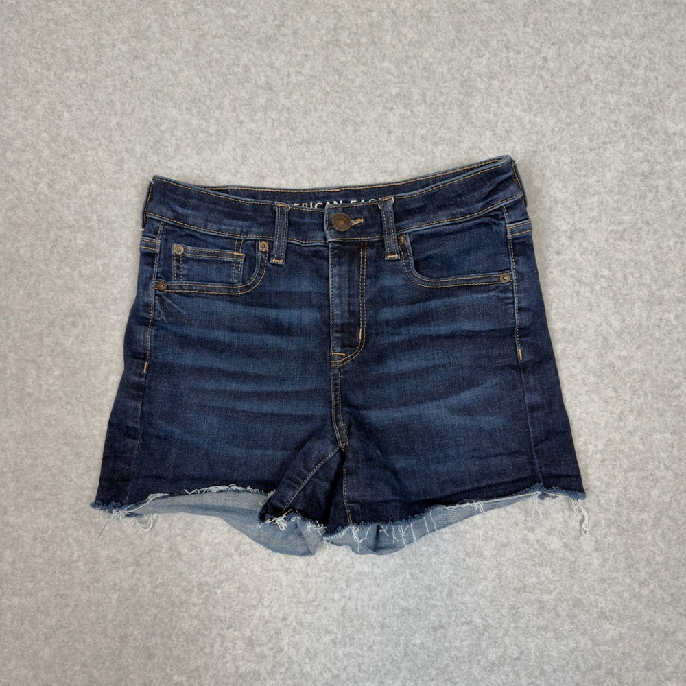 American Eagle Hi Rise Shortie Denim Shorts Frayed Hem Dark Wash Size 4
